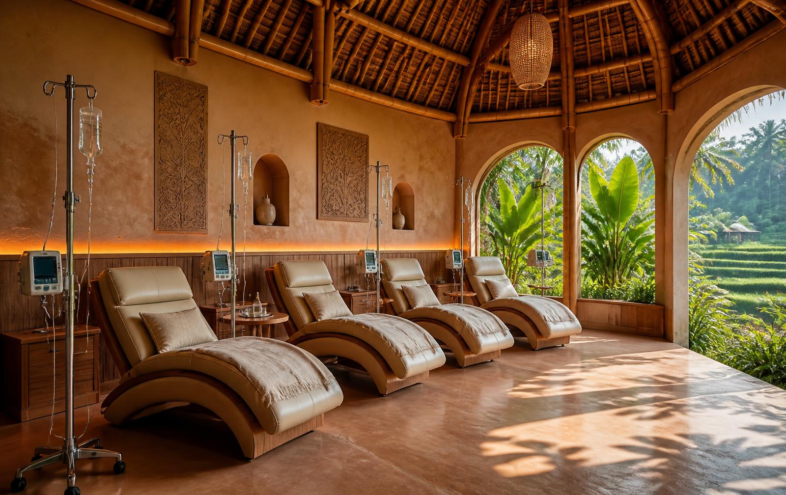 Concept interior: IV therapy lounge with reclining loungers under a bamboo vaulted roof