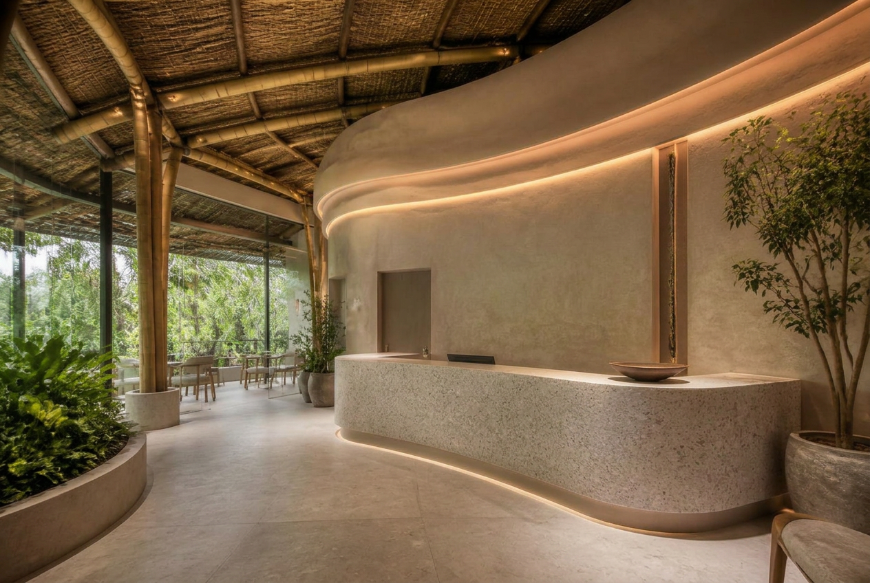 Concept interior: curved limewashed reception with bamboo roof structure and terrazzo desk