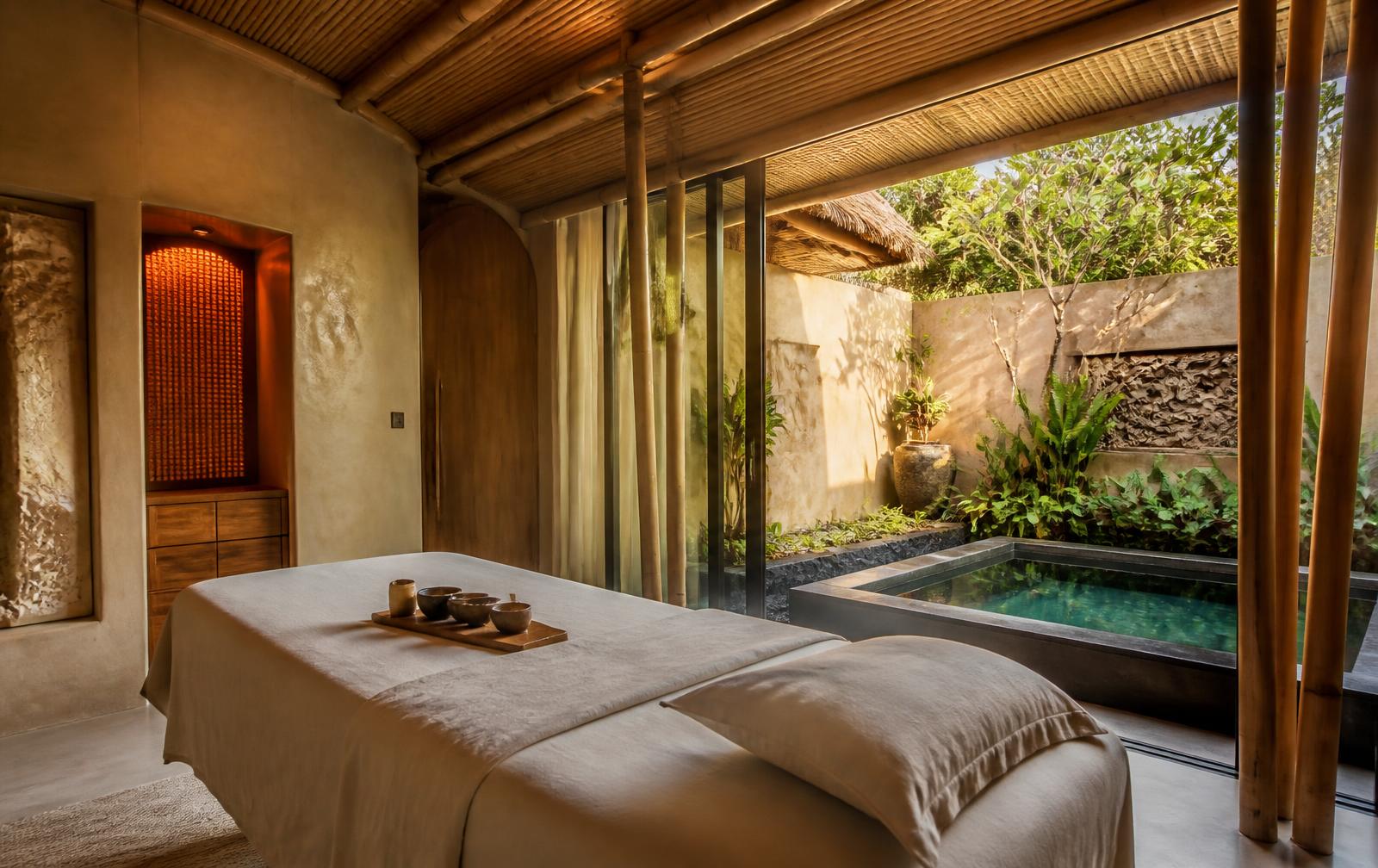 Concept interior: VIP recovery suite with treatment bed, red-light panel and private plunge pool